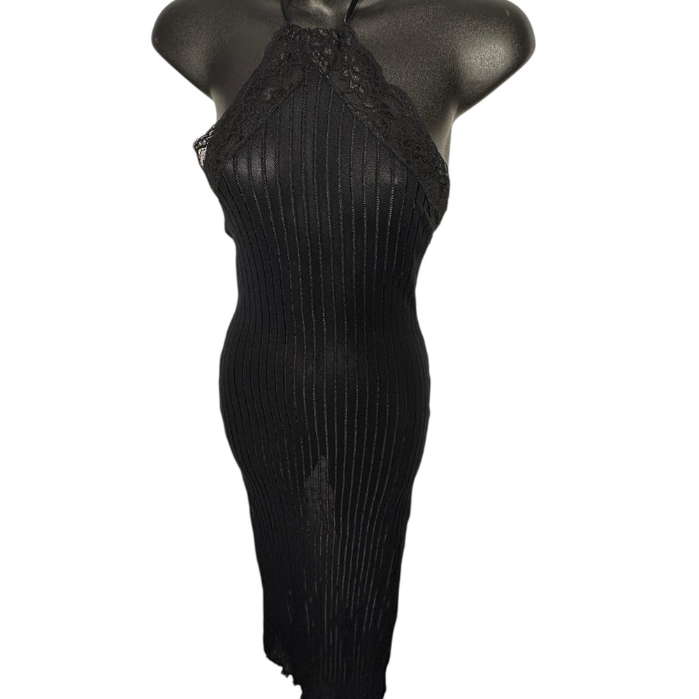 Sexy SEE THROUGH Black Halter MAXI Lingerie Cover Up Slit EUC Low Back Stretch